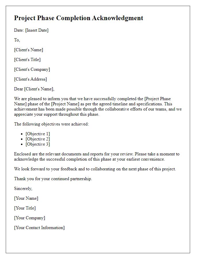 Letter template of successful project phase completion for client acknowledgment