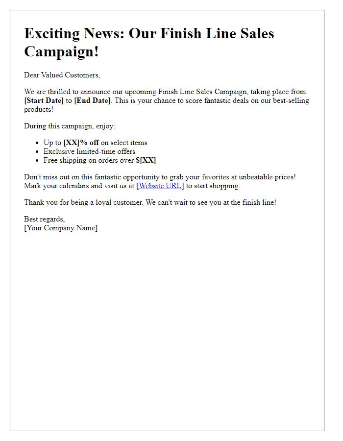 Letter template of finish line sales campaign announcement