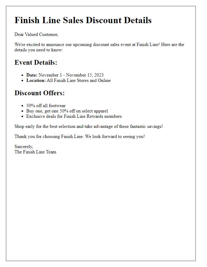 Letter template of finish line sales discount details