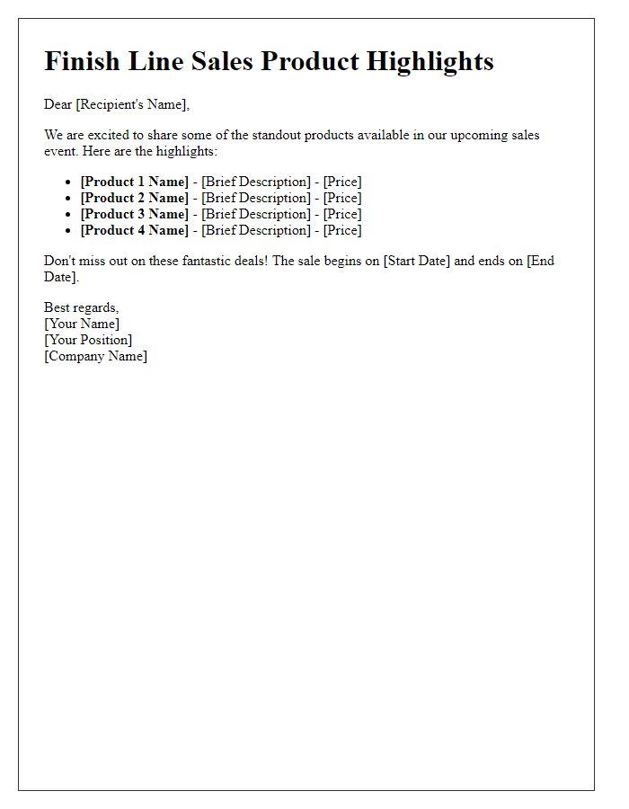 Letter template of finish line sales product highlights