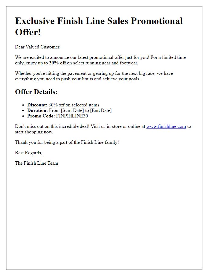 Letter template of finish line sales promotional offer