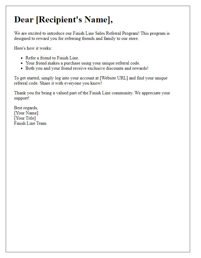 Letter template of finish line sales referral program