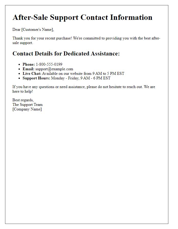 Letter template of after-sale support contact details for dedicated assistance.