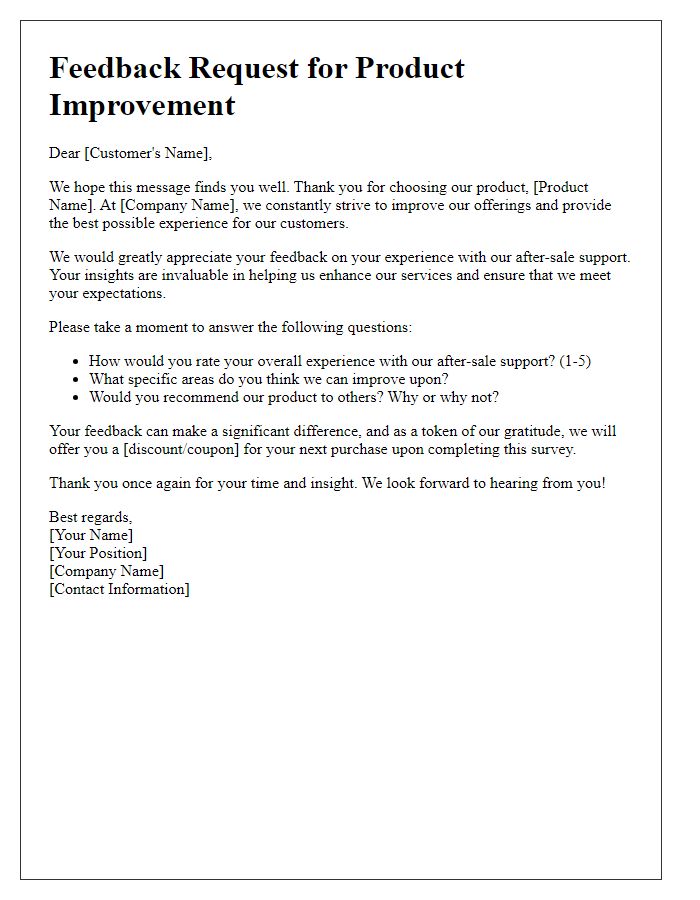 Letter template of after-sale support feedback request for product improvement.