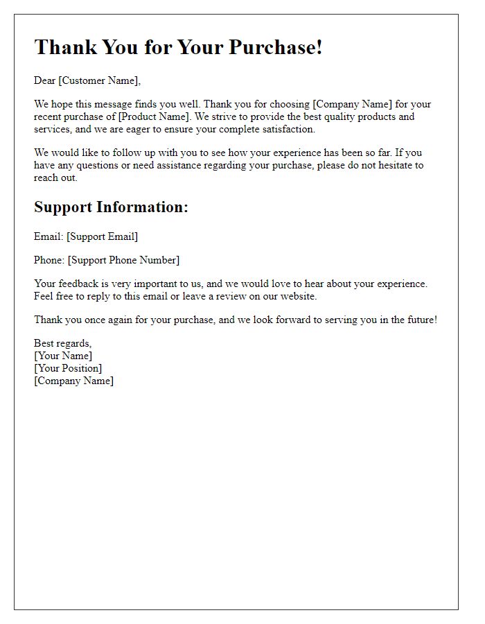 Letter template of after-sale support follow-up for recent purchases.
