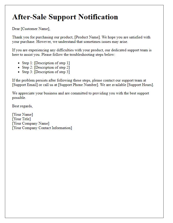 Letter template of after-sale support notification for troubleshooting assistance.