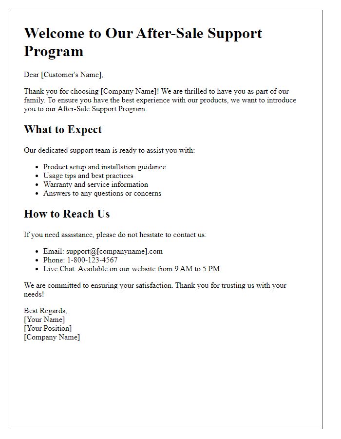 Letter template of after-sale support orientation for new customers.