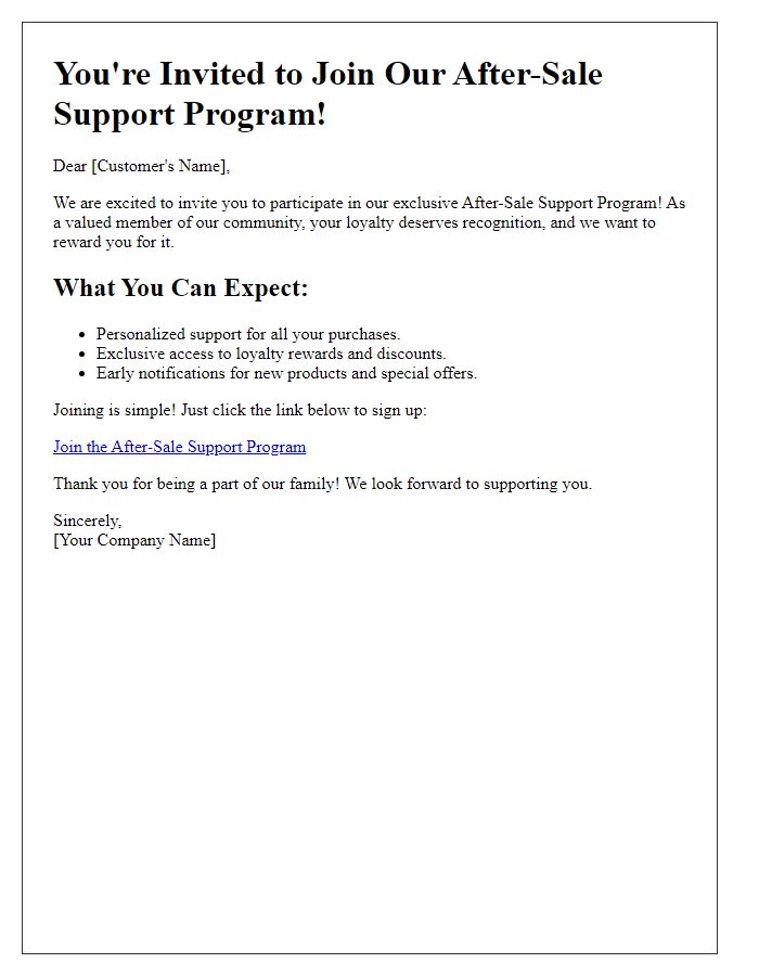 Letter template of after-sale support program invitation for loyalty rewards.