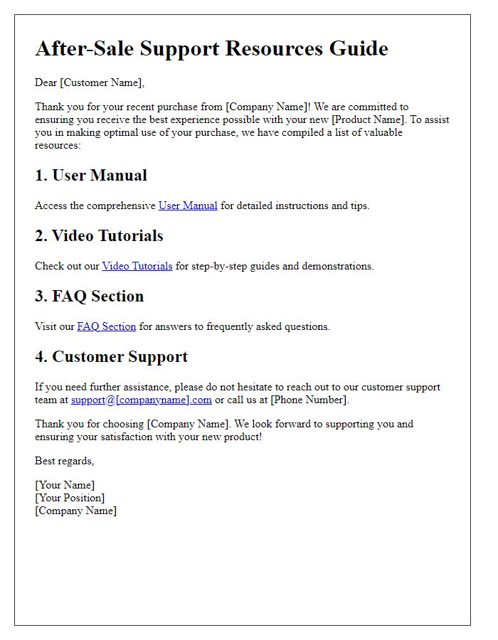 Letter template of after-sale support resources guide for optimal usage.