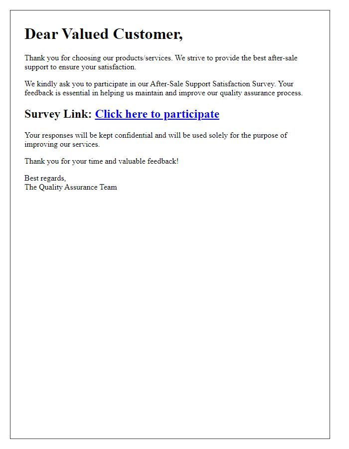 Letter template of after-sale support satisfaction survey for quality assurance.