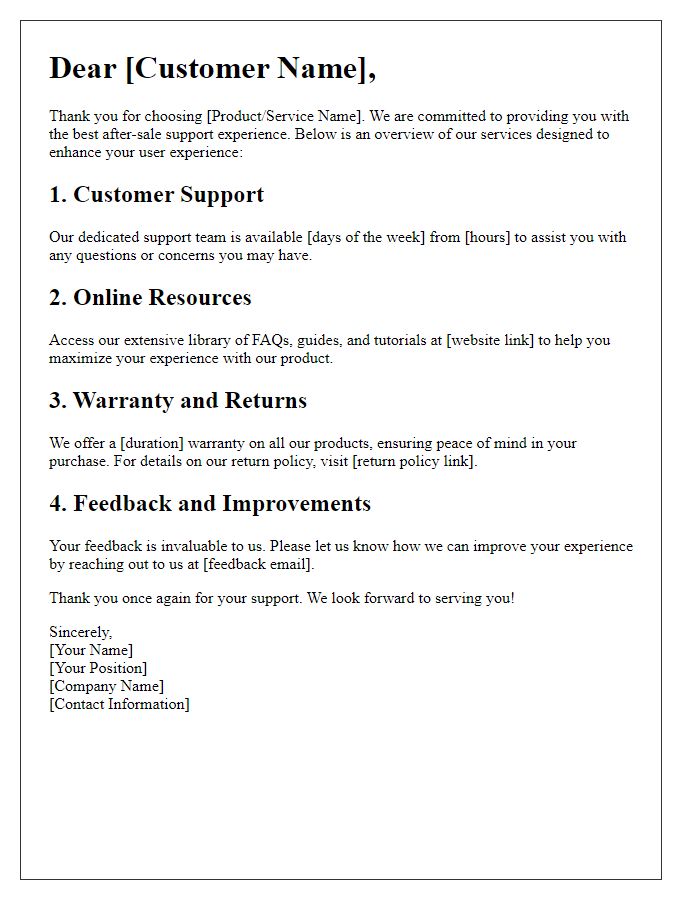 Letter template of after-sale support service overview for enhanced user experience.