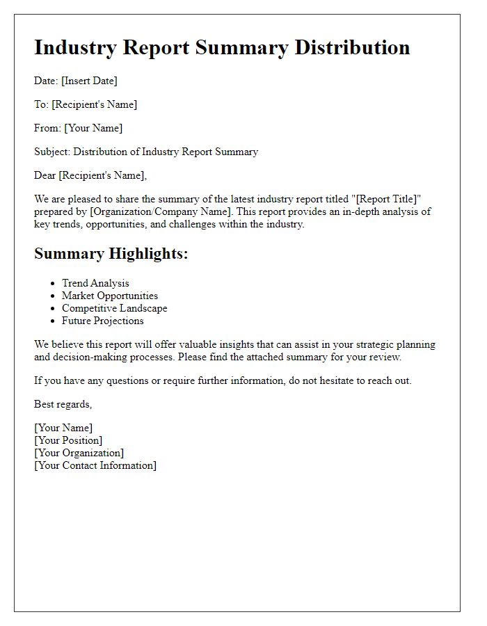 Letter template of industry report summary distribution.