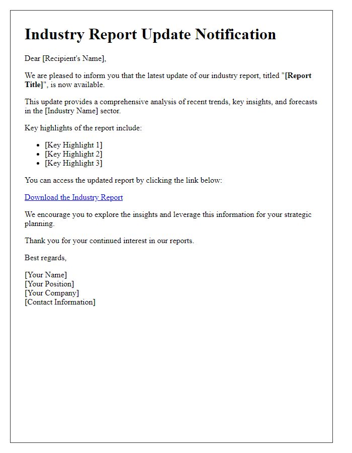 Letter template of industry report update notification.
