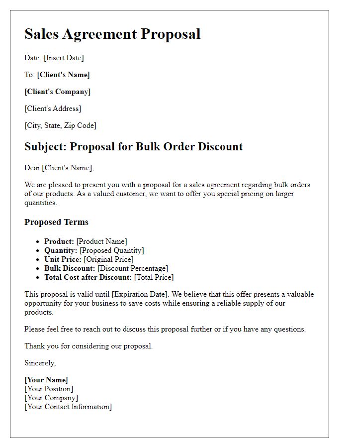 Letter template of sales agreement proposal for bulk order discount