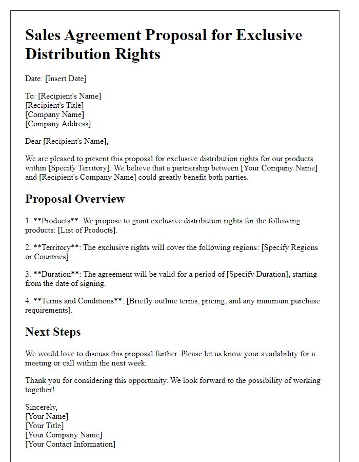 Letter template of sales agreement proposal for exclusive distribution rights