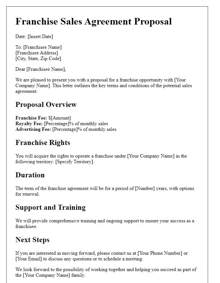 Letter template of sales agreement proposal for franchise opportunities