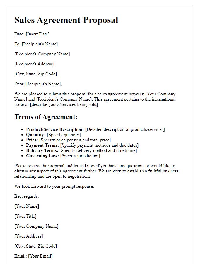 Letter template of sales agreement proposal for international trade agreements