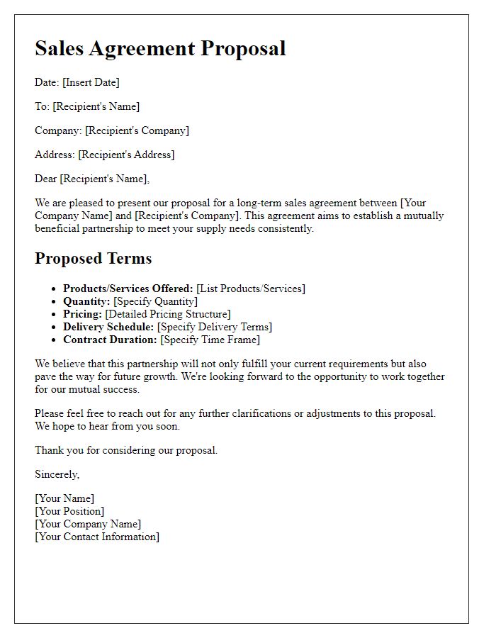 Letter template of sales agreement proposal for long-term contract negotiations