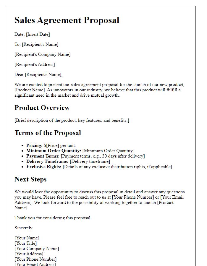 Letter template of sales agreement proposal for new product launch