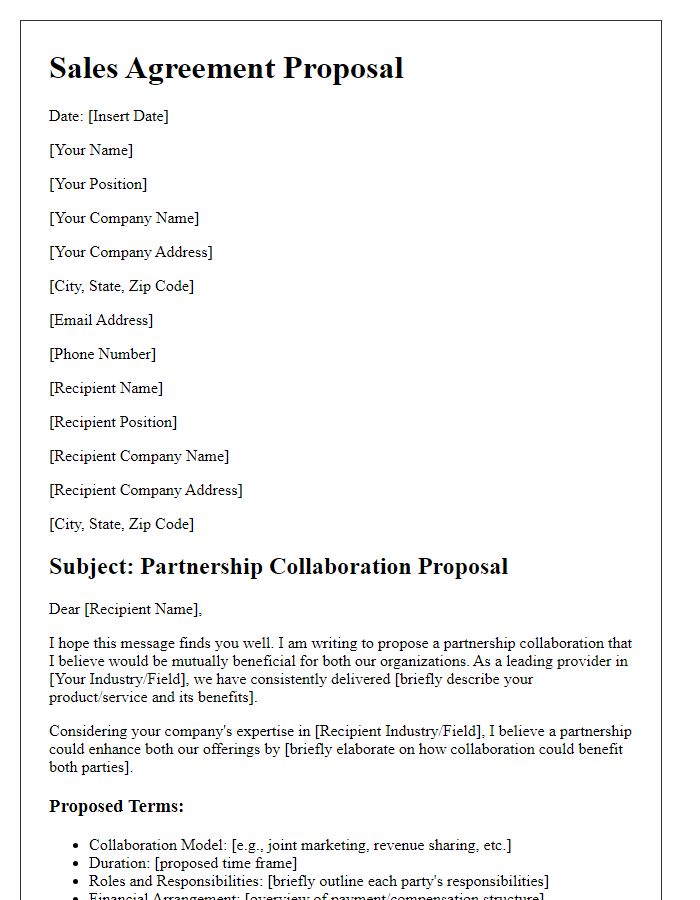 Letter template of sales agreement proposal for partnership collaboration