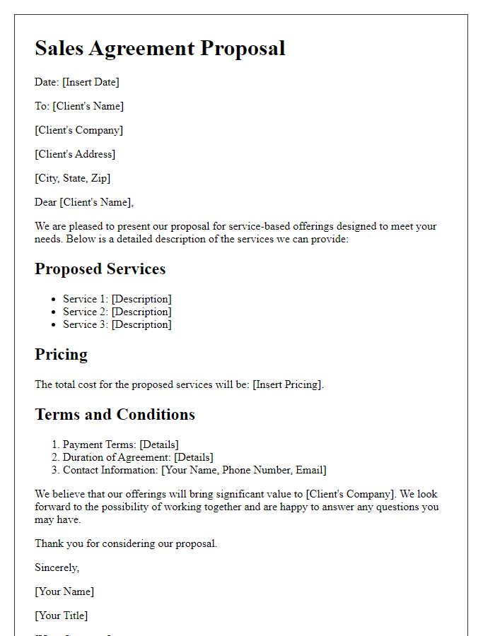 Letter template of sales agreement proposal for service-based offerings