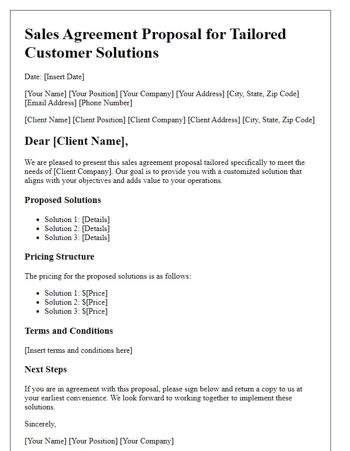 Letter template of sales agreement proposal for tailored customer solutions