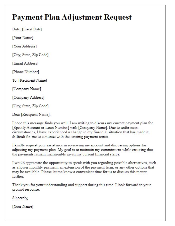 Letter template of adjustable payment plans for changing circumstances.