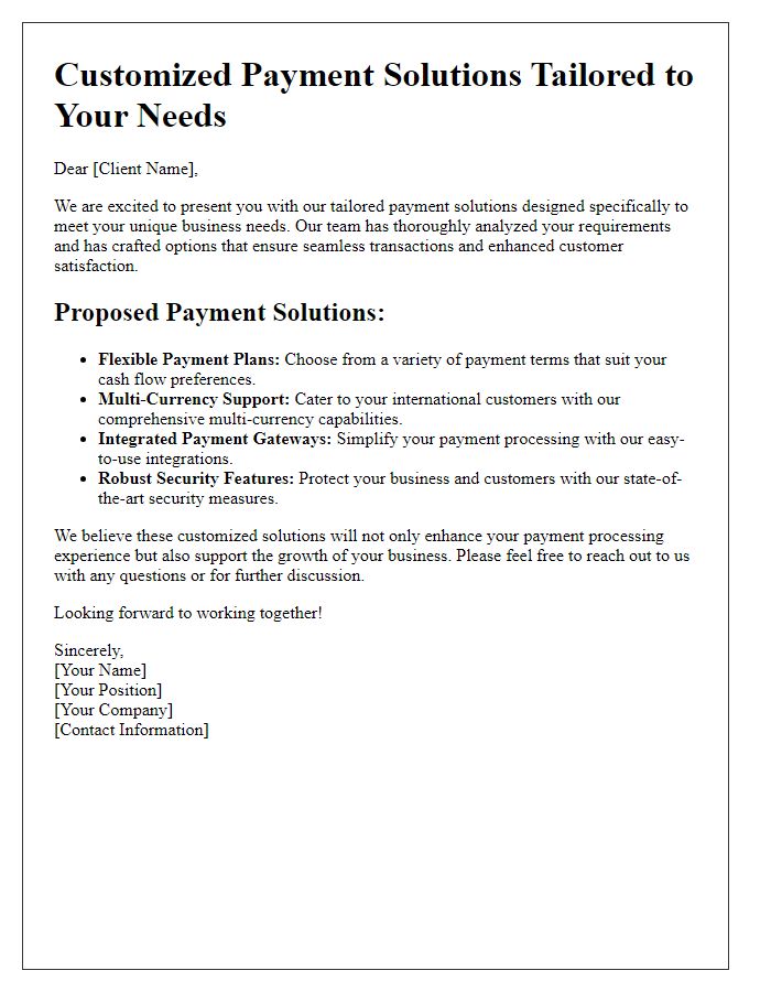 Letter template of customized payment solutions tailored to your needs.