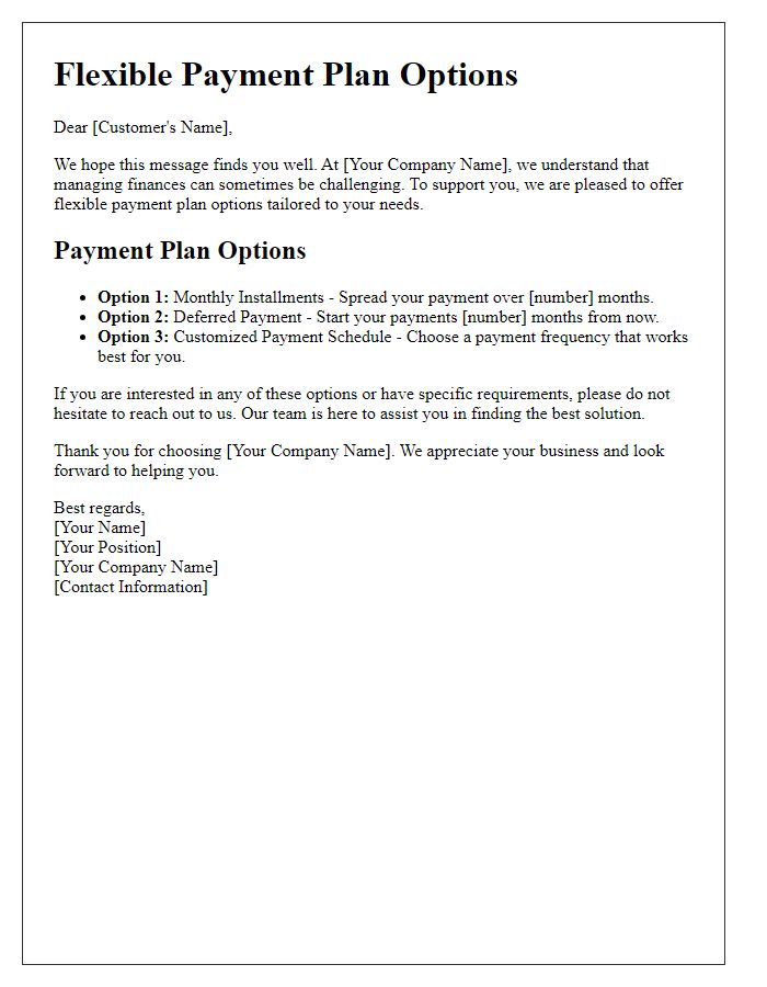 Letter template of flexible payment plan options for customers.