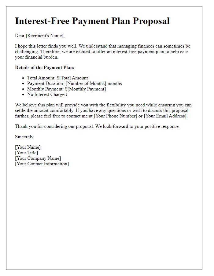 Letter template of interest-free payment plans for financial ease.