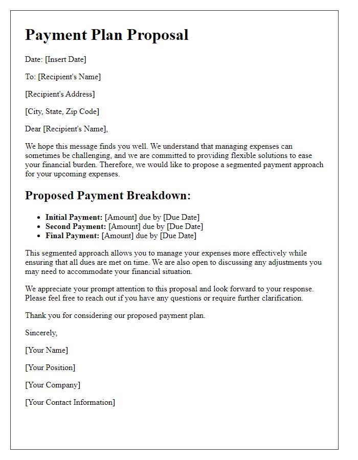 Letter template of segmented payment approaches for manageable expenses.