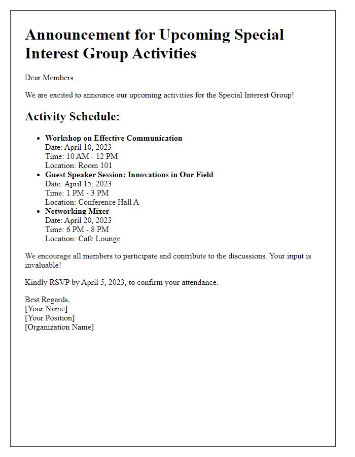 Letter template of announcement for special interest group activities