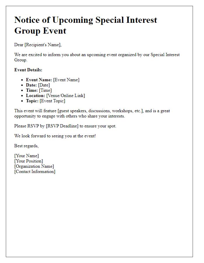 Letter template of notice for upcoming special interest group event