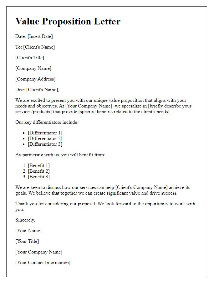 Letter template of value proposition for clients