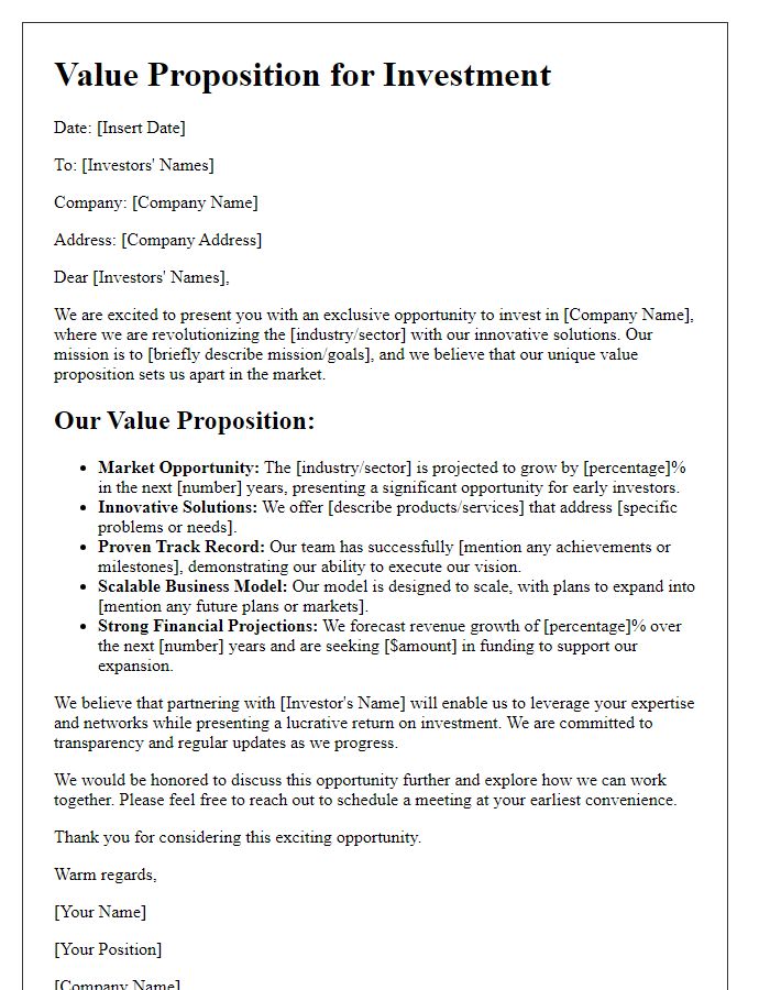 Letter template of value proposition for potential investors