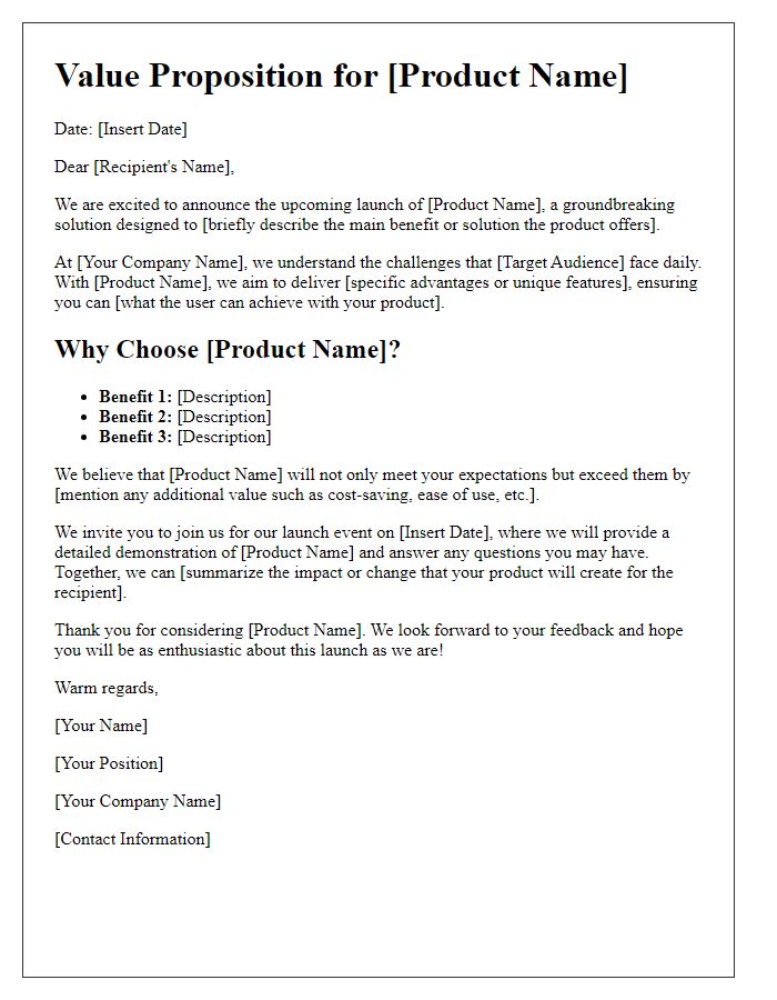 Letter template of value proposition for product launch