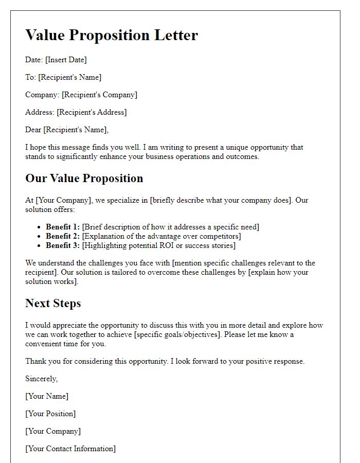 Letter template of value proposition for sales presentations