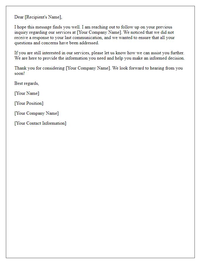 Letter template of follow-up for abandoned inquiry regarding services.
