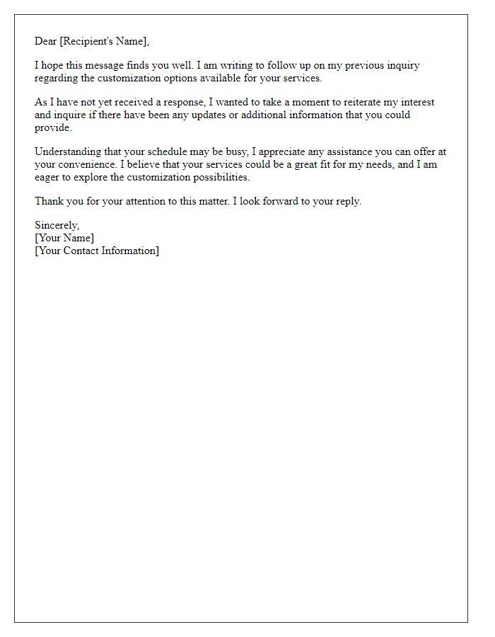 Letter template of follow-up for neglected inquiry about service customization.