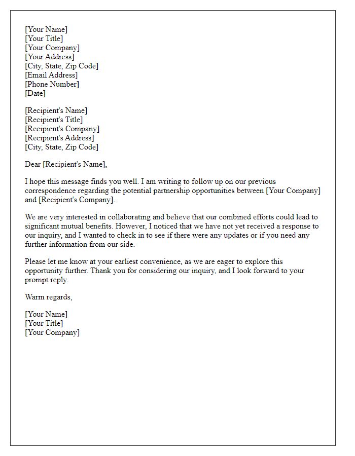 Letter template of follow-up regarding uncompleted inquiry into partnership opportunities.