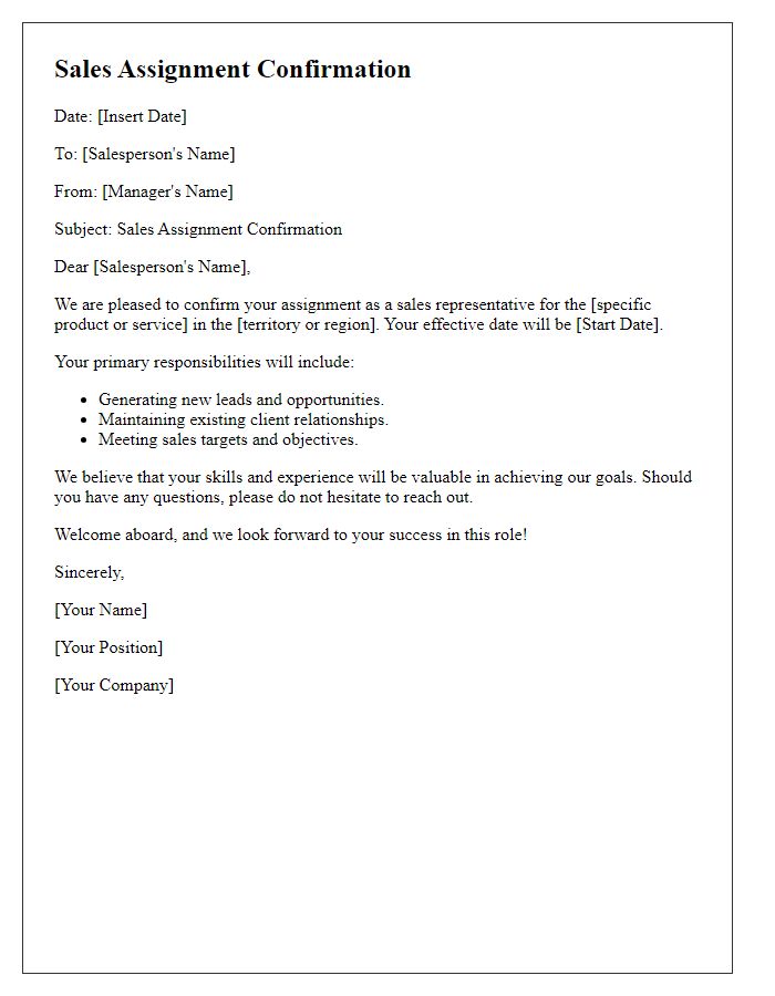 Letter template of sales assignment confirmation.