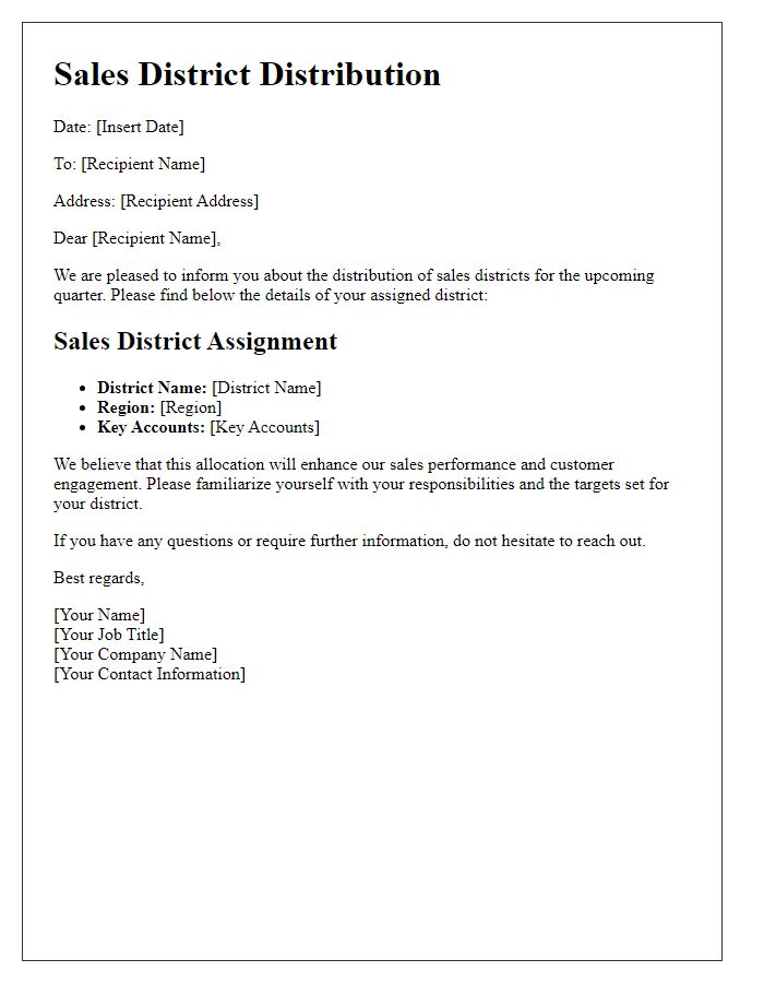 Letter template of sales district distribution.