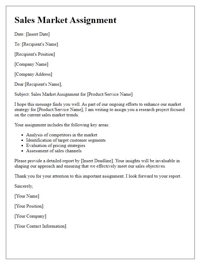 Letter template of sales market assignment.