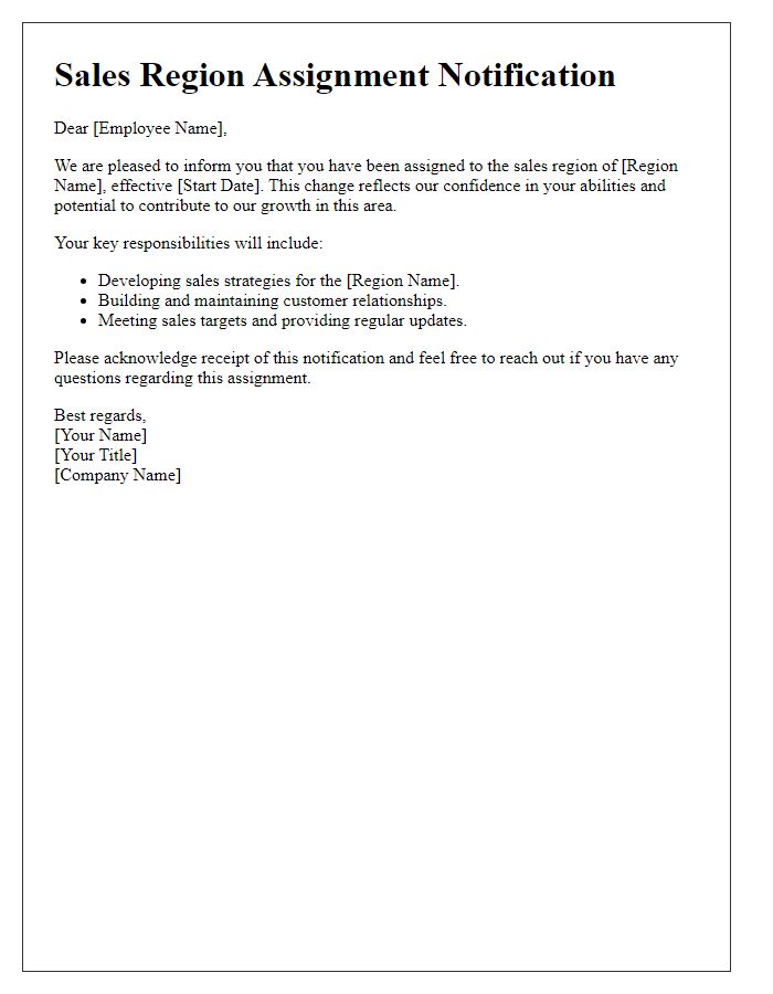 Letter template of sales region assignment notification.