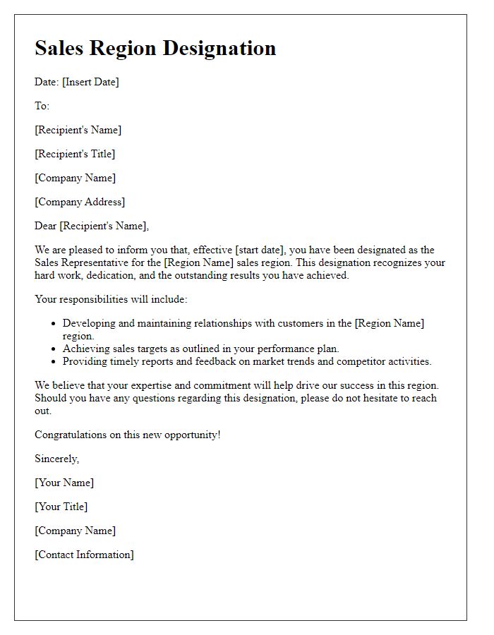 Letter template of sales region designation.