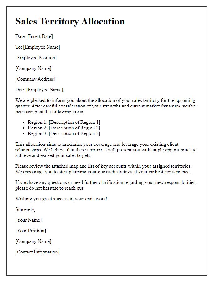 Letter template of sales territory allocation.