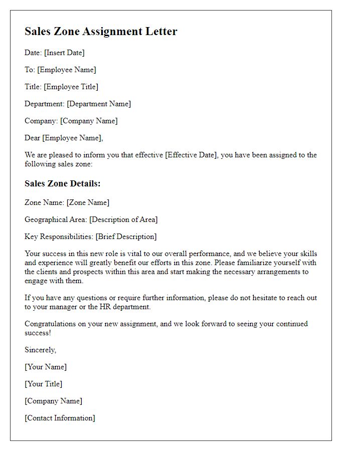 Letter template of sales zone assignment.