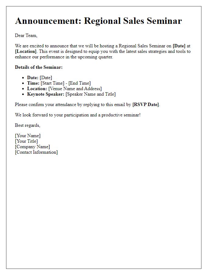 Letter template of announcement for a regional sales seminar.