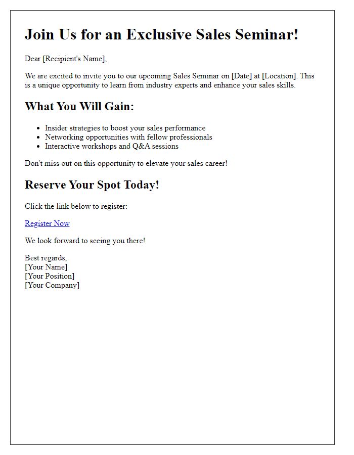 Letter template of call to action for our sales seminar invitation.