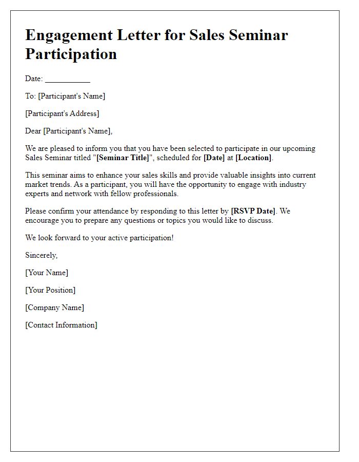 Letter template of engagement for participating in a sales seminar.